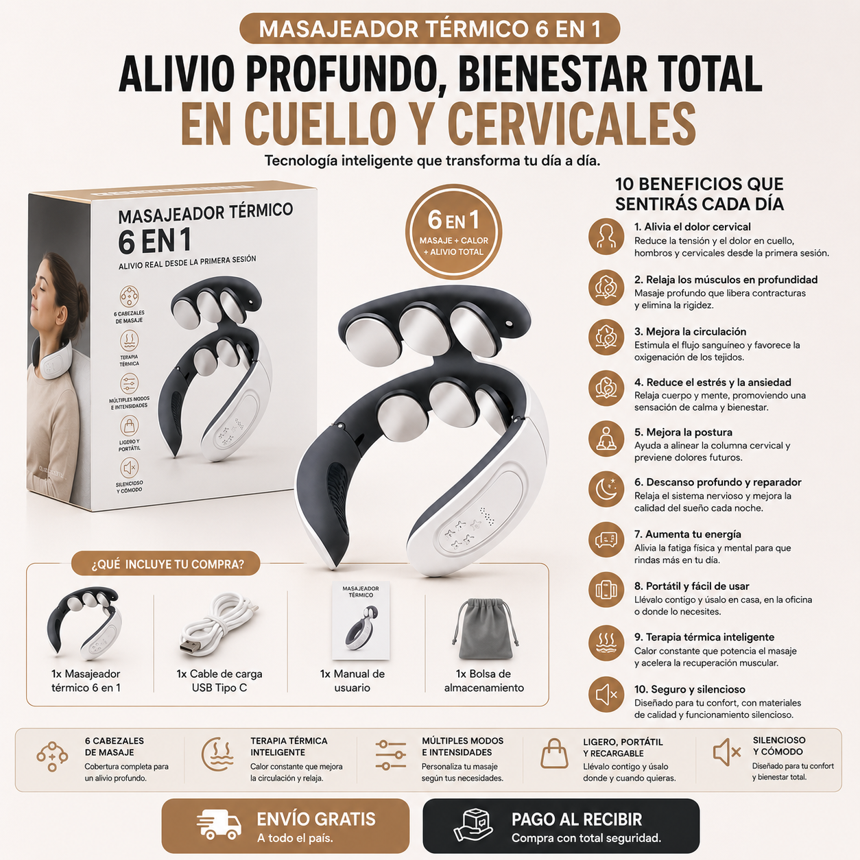 Masajeador Térmico 6 en 1 | Adiós al Dolor de Cuello y Cervicales
