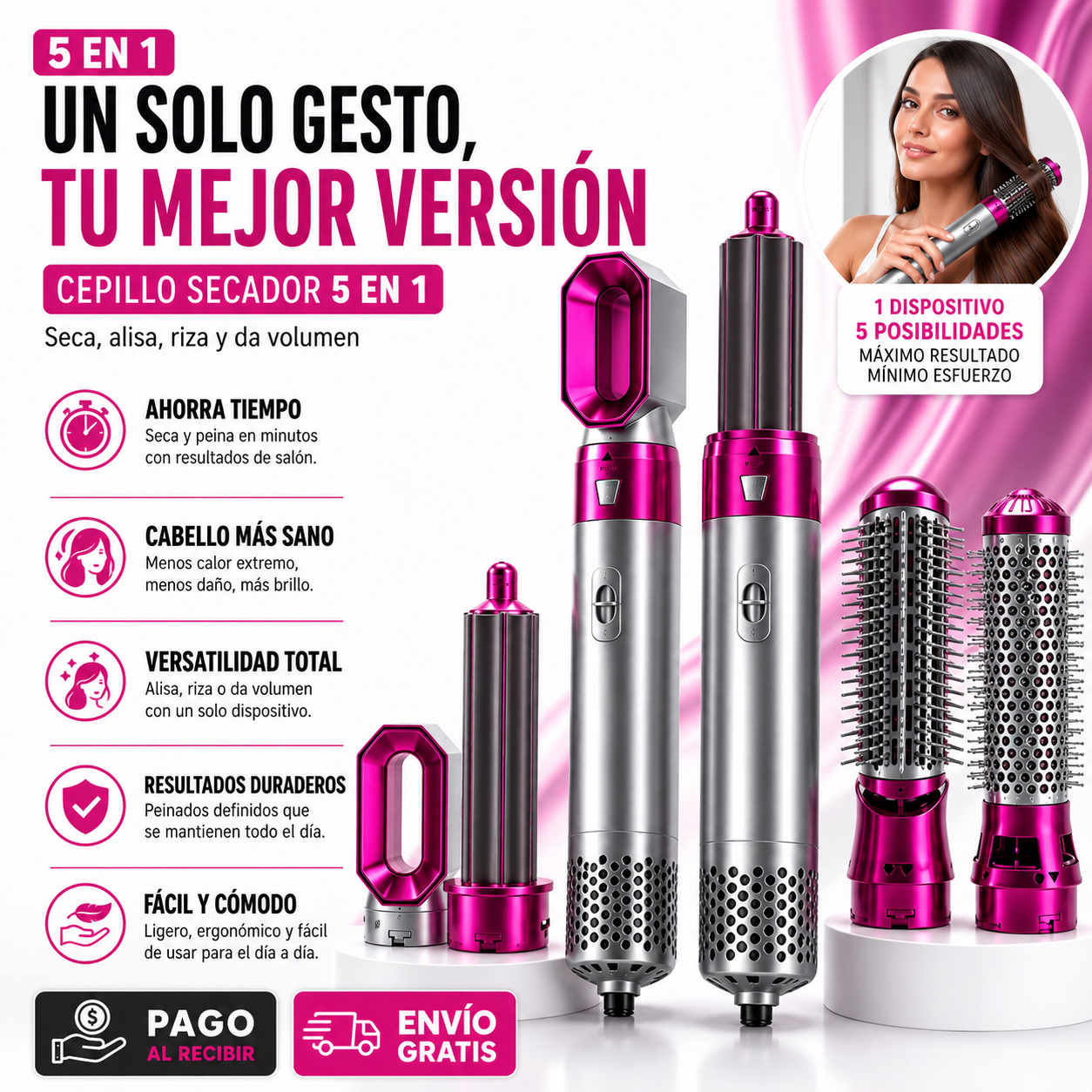 Cepillo Secador 5 en 1 | Seca, Alisa, Riza y Da Volumen