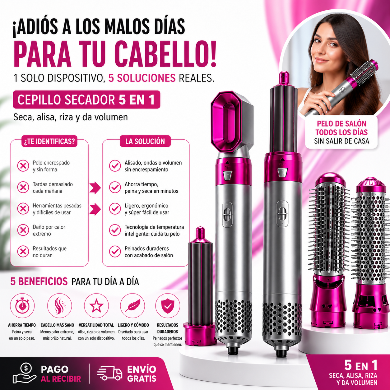 Cepillo Secador 5 en 1 | Seca, Alisa, Riza y Da Volumen