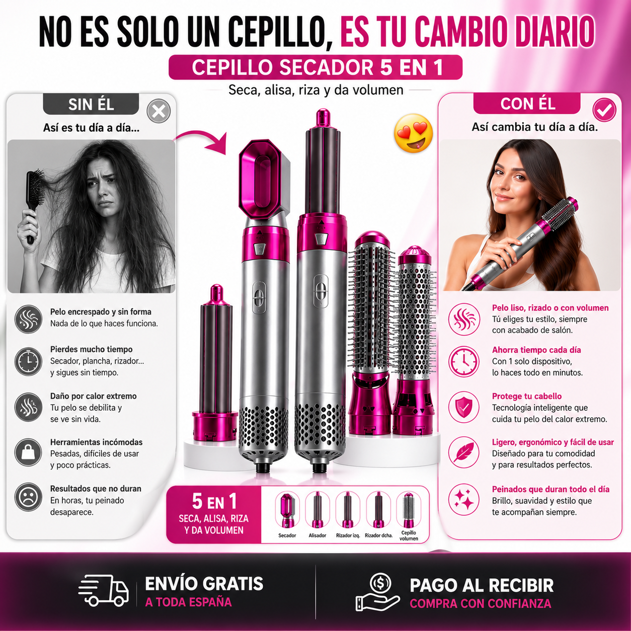 Cepillo Secador 5 en 1 | Seca, Alisa, Riza y Da Volumen