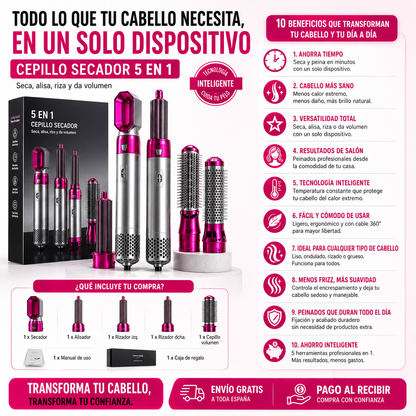 Cepillo Secador 5 en 1 | Seca, Alisa, Riza y Da Volumen