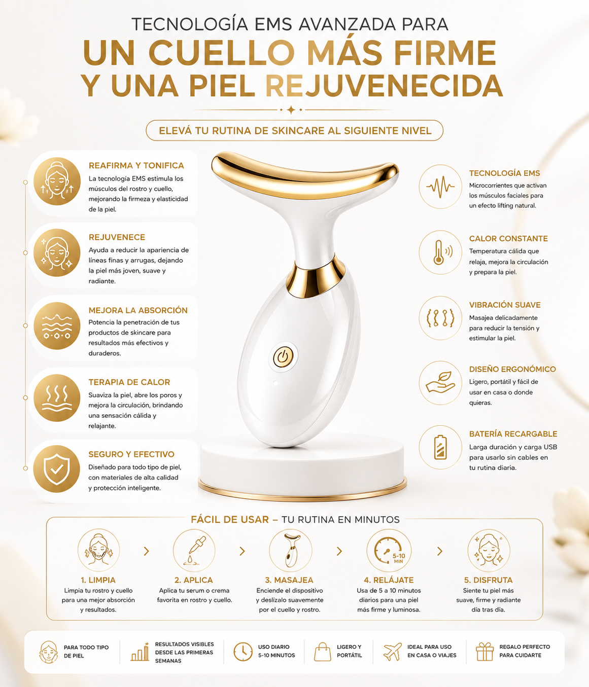 Masajeador Facial EMS | Cuello Más Firme y Rejuvenecido