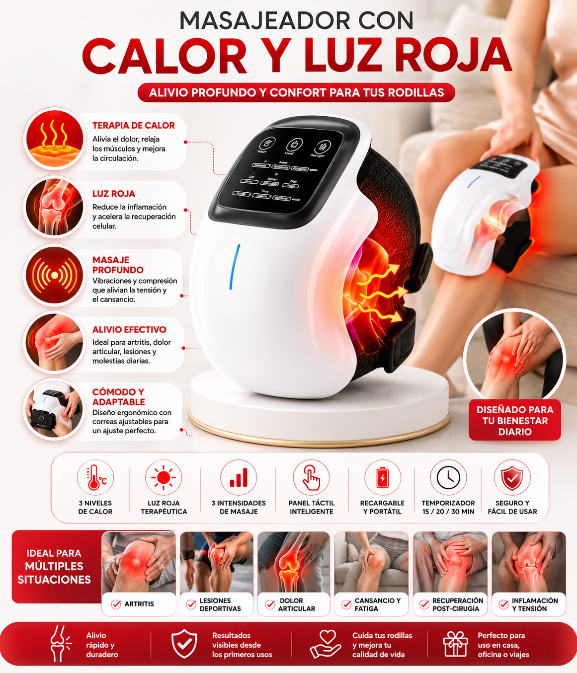 Masajeador con Calor y Luz Roja | Alivio y Confort para tus Rodillas