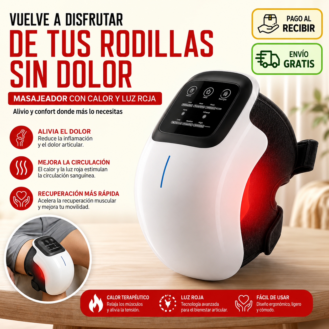 Masajeador con Calor y Luz Roja | Alivio y Confort para tus Rodillas