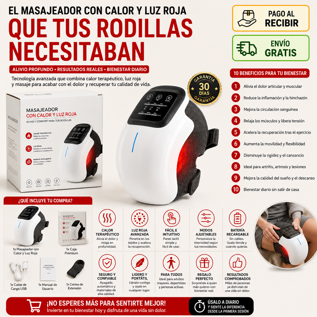 Masajeador con Calor y Luz Roja | Alivio y Confort para tus Rodillas