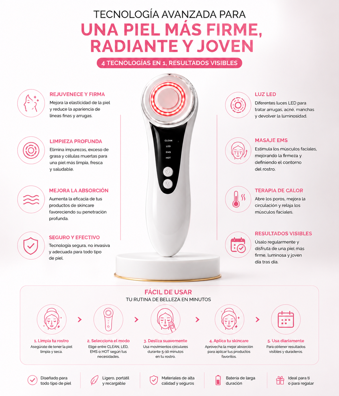 Dispositivo Facial LED 4 en 1 | Piel Más Firme y Rejuvenecida
