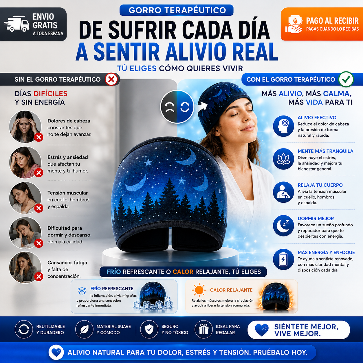 Gorro Terapéutico Frío y Calor | Alivio Refrescante para Migrañas, Estrés y Tensión