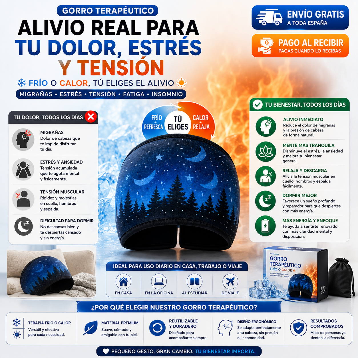 Gorro Terapéutico Frío y Calor | Alivio Refrescante para Migrañas, Estrés y Tensión
