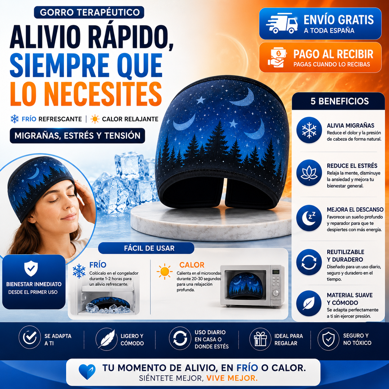 Gorro Terapéutico Frío y Calor | Alivio Refrescante para Migrañas, Estrés y Tensión