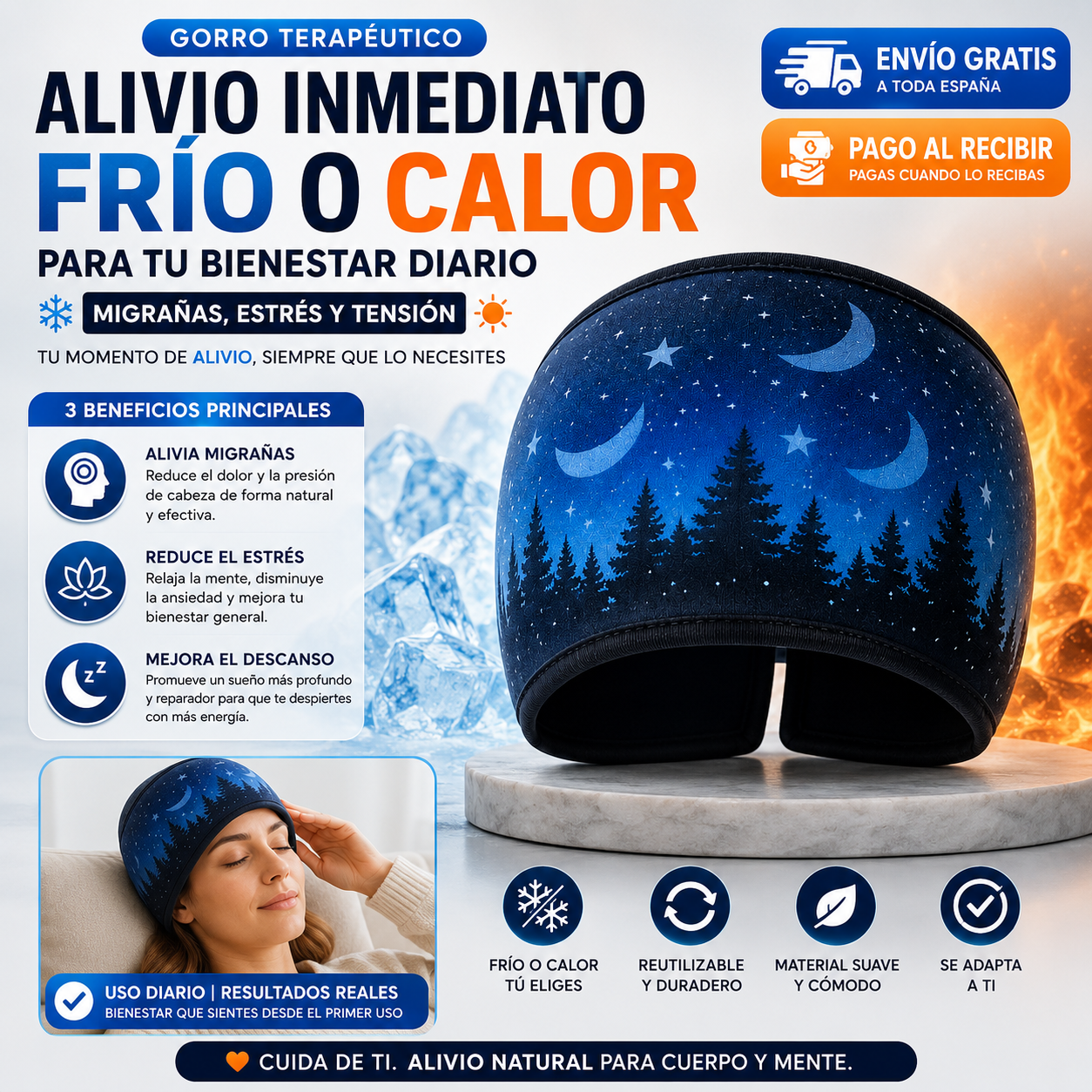 Gorro Terapéutico Frío y Calor | Alivio Refrescante para Migrañas, Estrés y Tensión