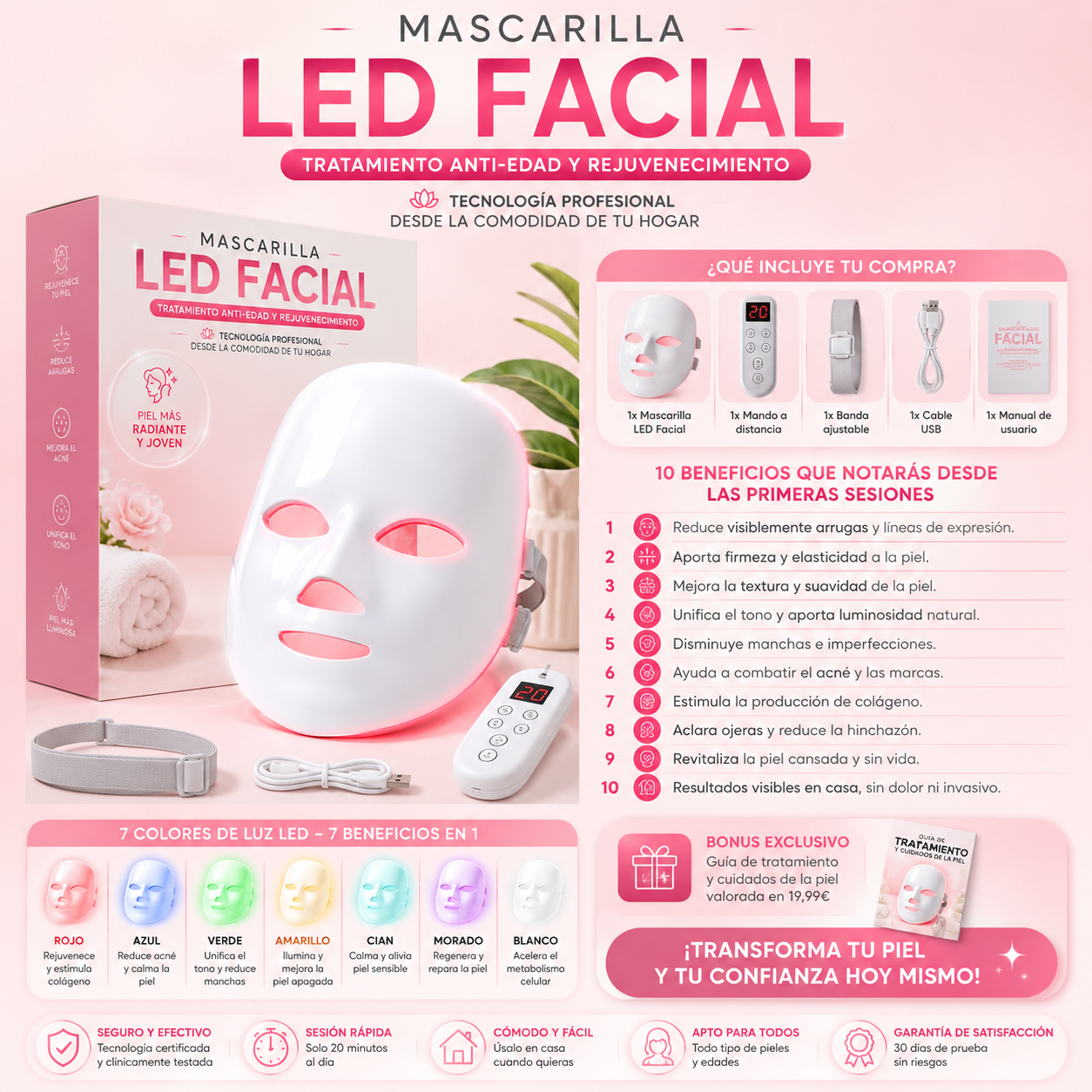 Mascarilla LED Facial | Tratamiento Anti-Edad y Rejuvenecimiento Desde Casa