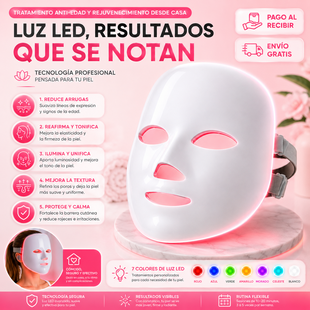 Mascarilla LED Facial | Tratamiento Anti-Edad y Rejuvenecimiento Desde Casa