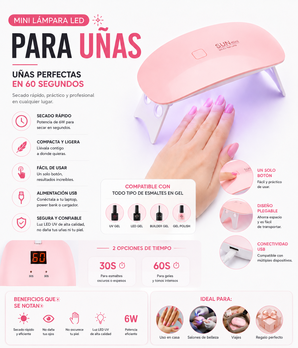 Mini Lámpara LED para Uñas | Uñas Perfectas en 60 Segundos