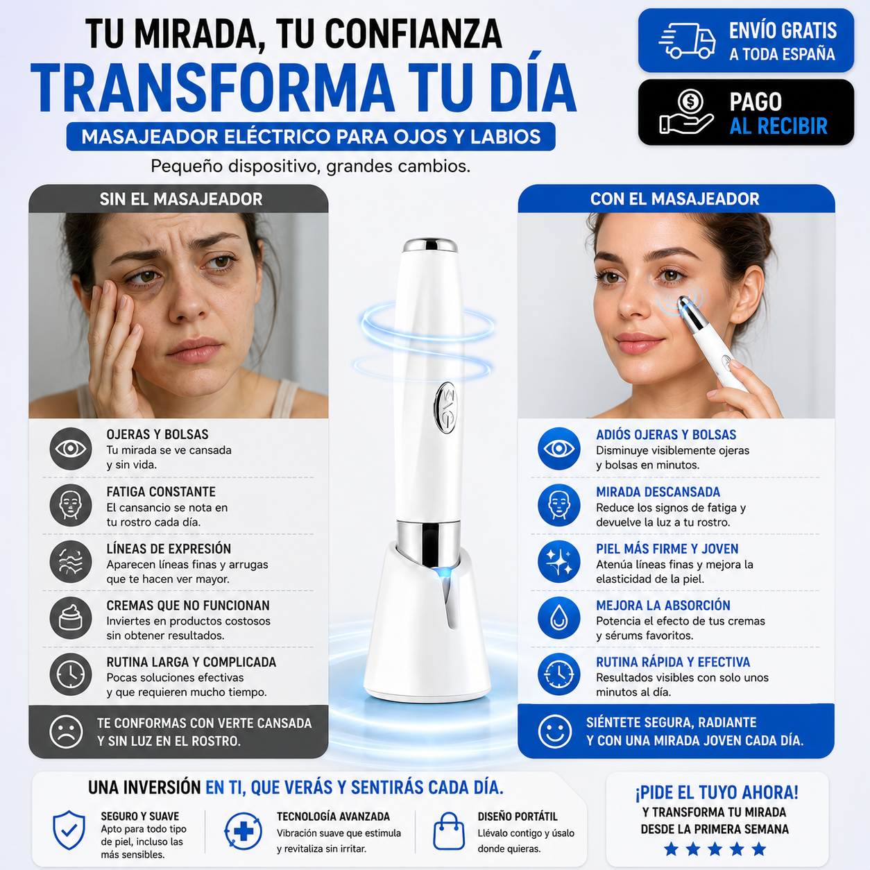 Masajeador Eléctrico para Ojos y Labios | Reduce Bolsas y Ojeras