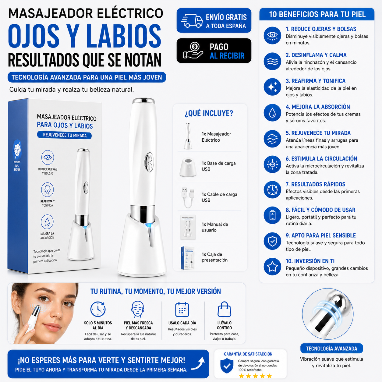 Masajeador Eléctrico para Ojos y Labios | Reduce Bolsas y Ojeras