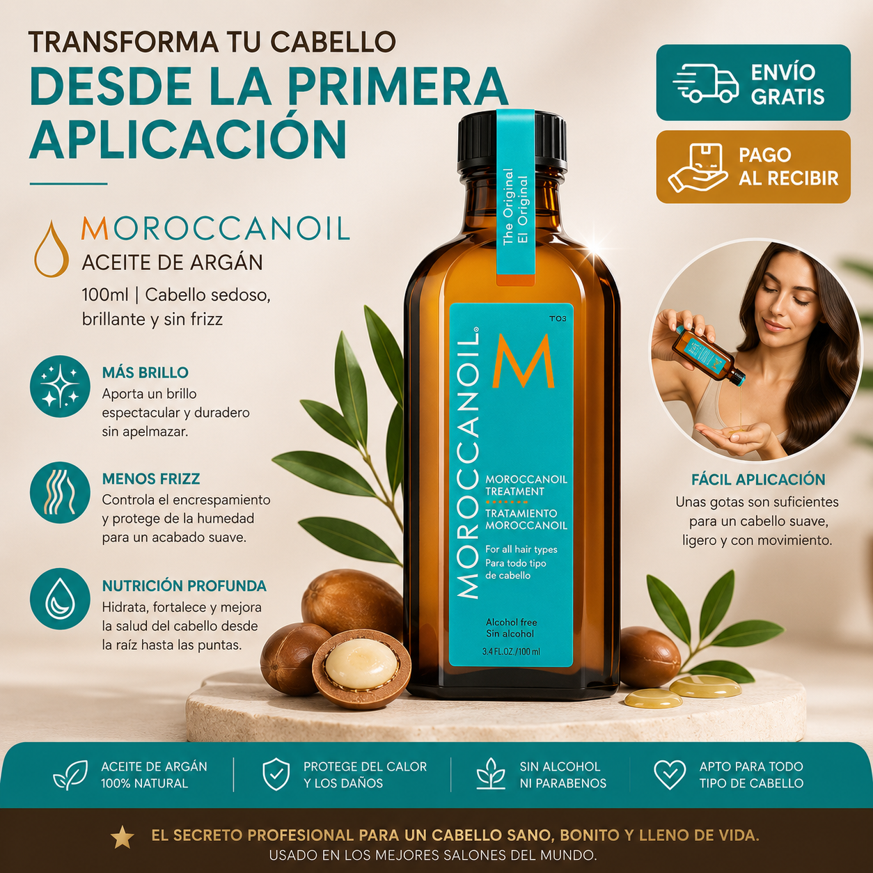 Moroccanoil Aceite de Argán 100ml | Cabello Sedoso, Brillante y Sin Frizz