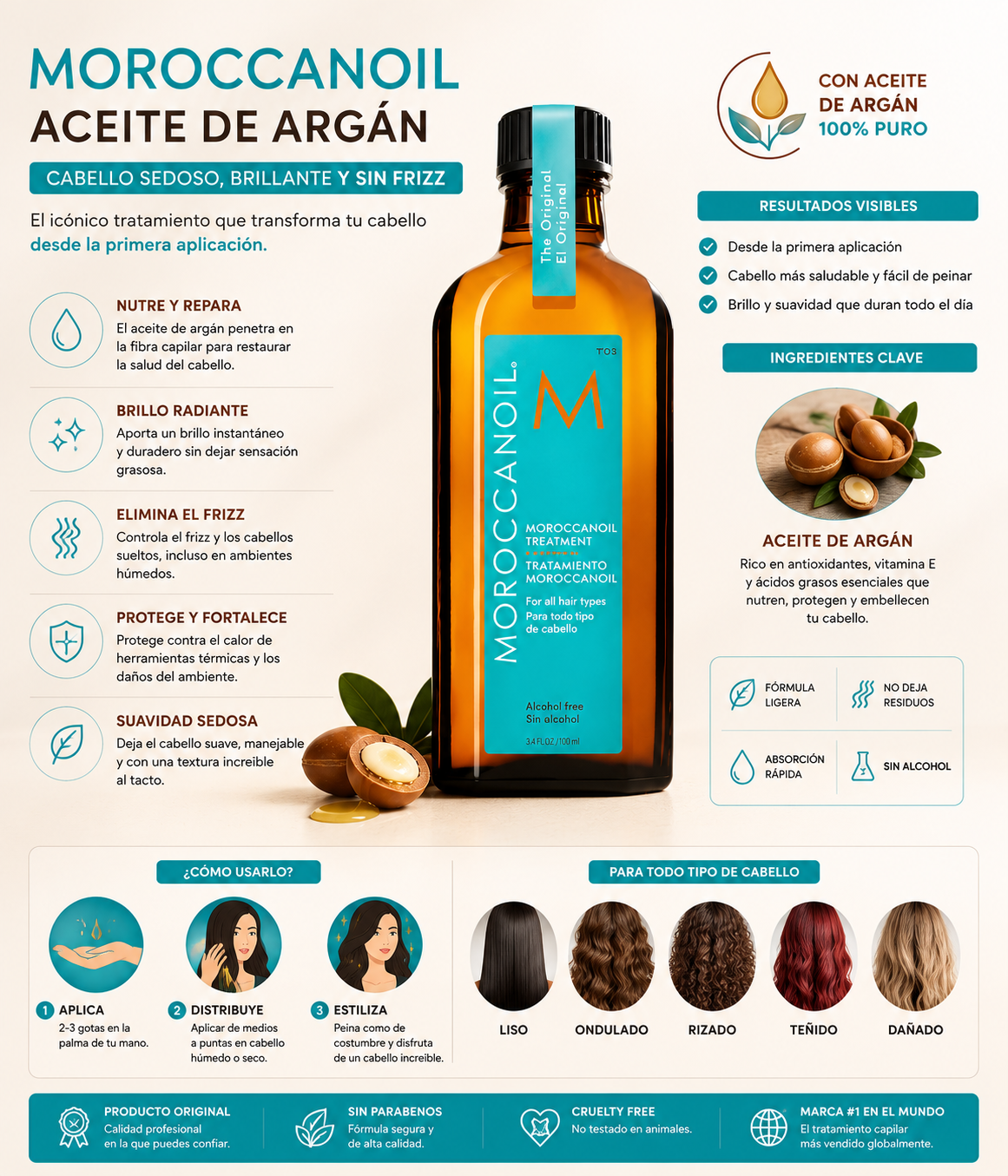 Moroccanoil Aceite de Argán 100ml | Cabello Sedoso, Brillante y Sin Frizz