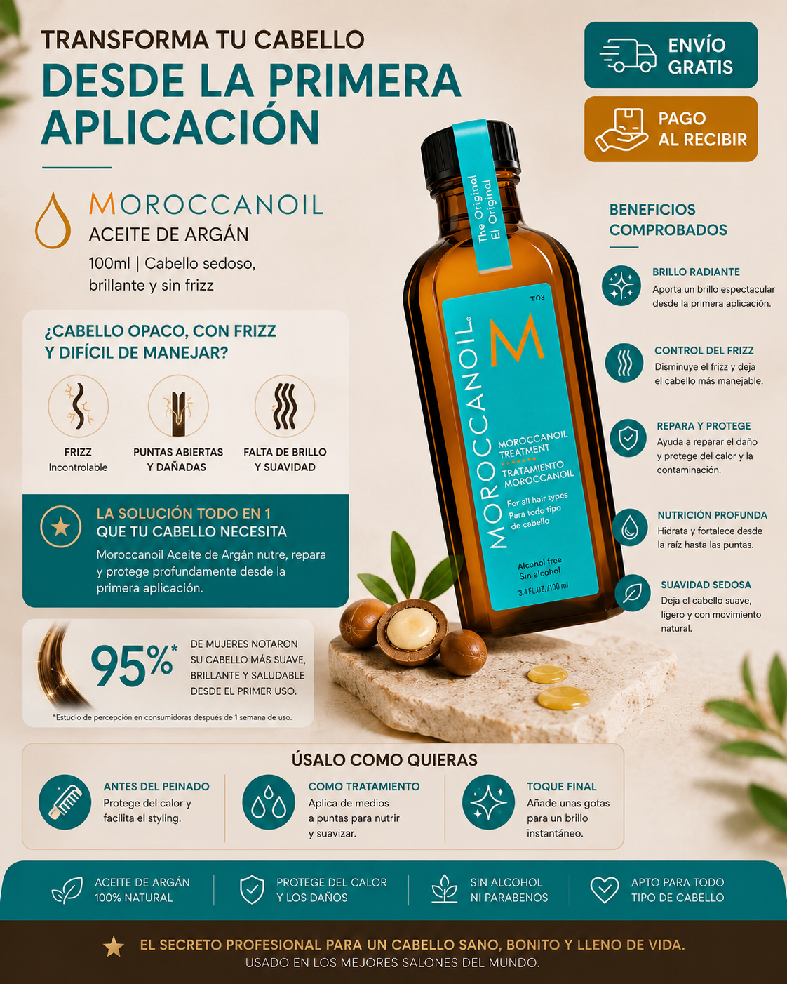 Moroccanoil Aceite de Argán 100ml | Cabello Sedoso, Brillante y Sin Frizz