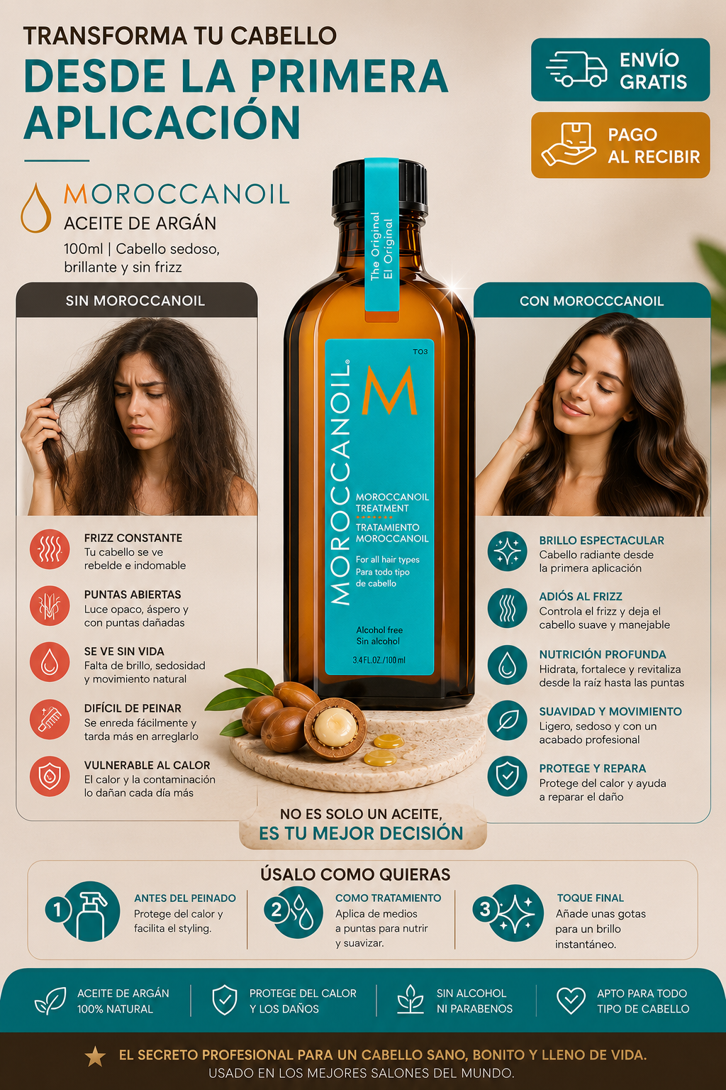 Moroccanoil Aceite de Argán 100ml | Cabello Sedoso, Brillante y Sin Frizz