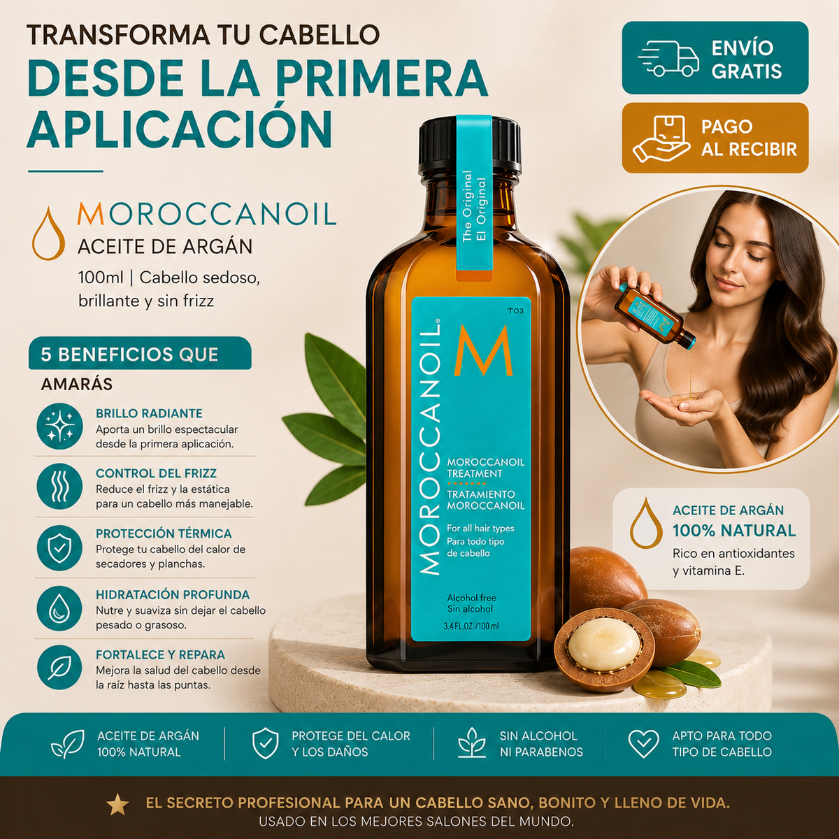 Moroccanoil Aceite de Argán 100ml | Cabello Sedoso, Brillante y Sin Frizz