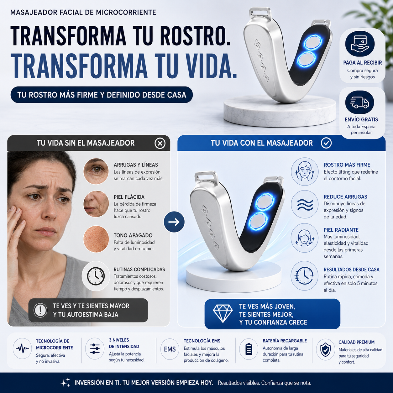 Rostro Más Firme y Definido | Masajeador Facial Lifting de Microcorriente