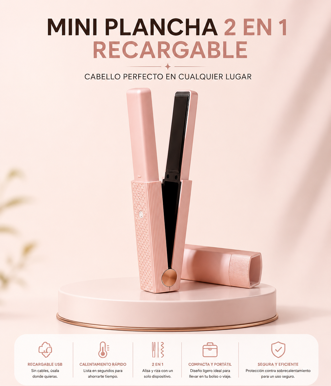 Mini Plancha 2 en 1 Recargable | Cabello Perfecto en Cualquier Lugar