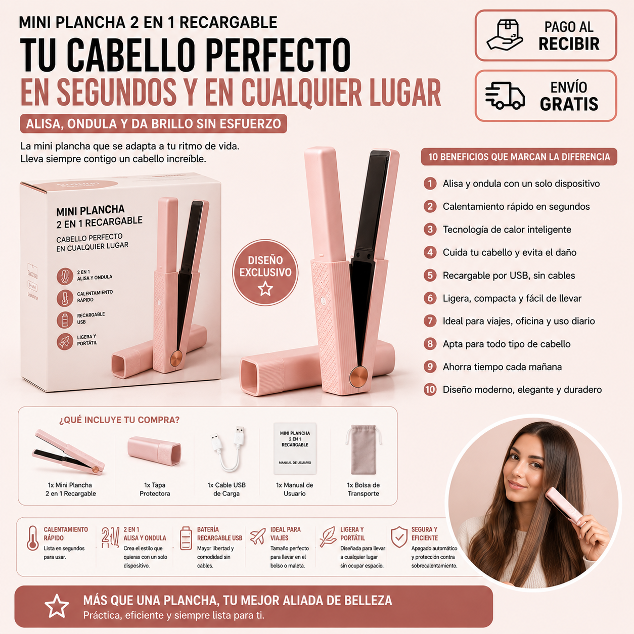 Mini Plancha 2 en 1 Recargable | Cabello Perfecto en Cualquier Lugar
