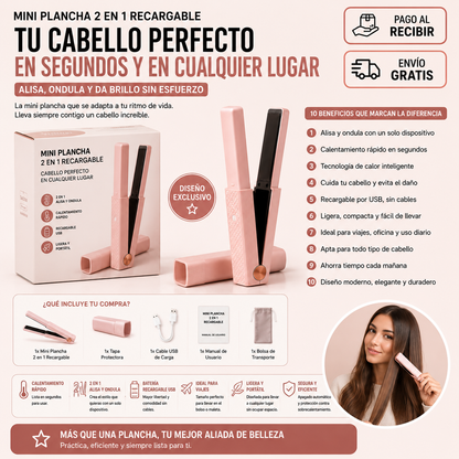 Mini Plancha 2 en 1 Recargable | Cabello Perfecto en Cualquier Lugar