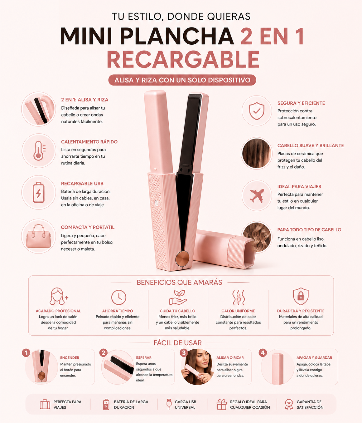 Mini Plancha 2 en 1 Recargable | Cabello Perfecto en Cualquier Lugar