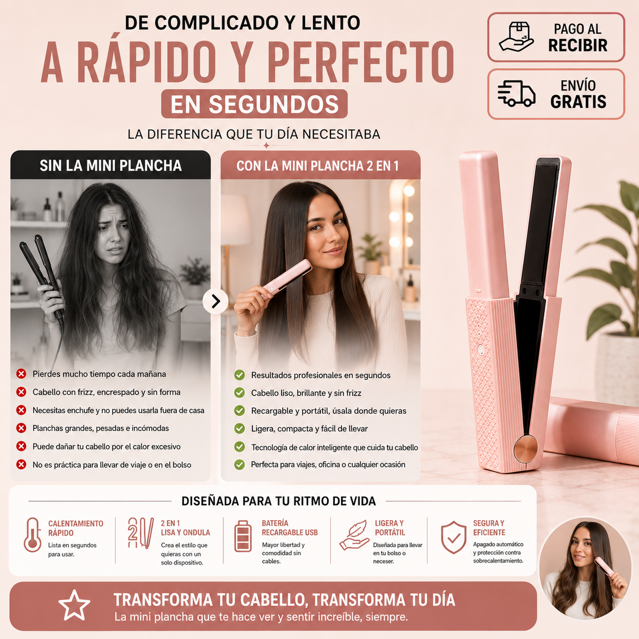 Mini Plancha 2 en 1 Recargable | Cabello Perfecto en Cualquier Lugar