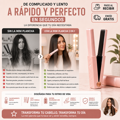 Mini Plancha 2 en 1 Recargable | Cabello Perfecto en Cualquier Lugar