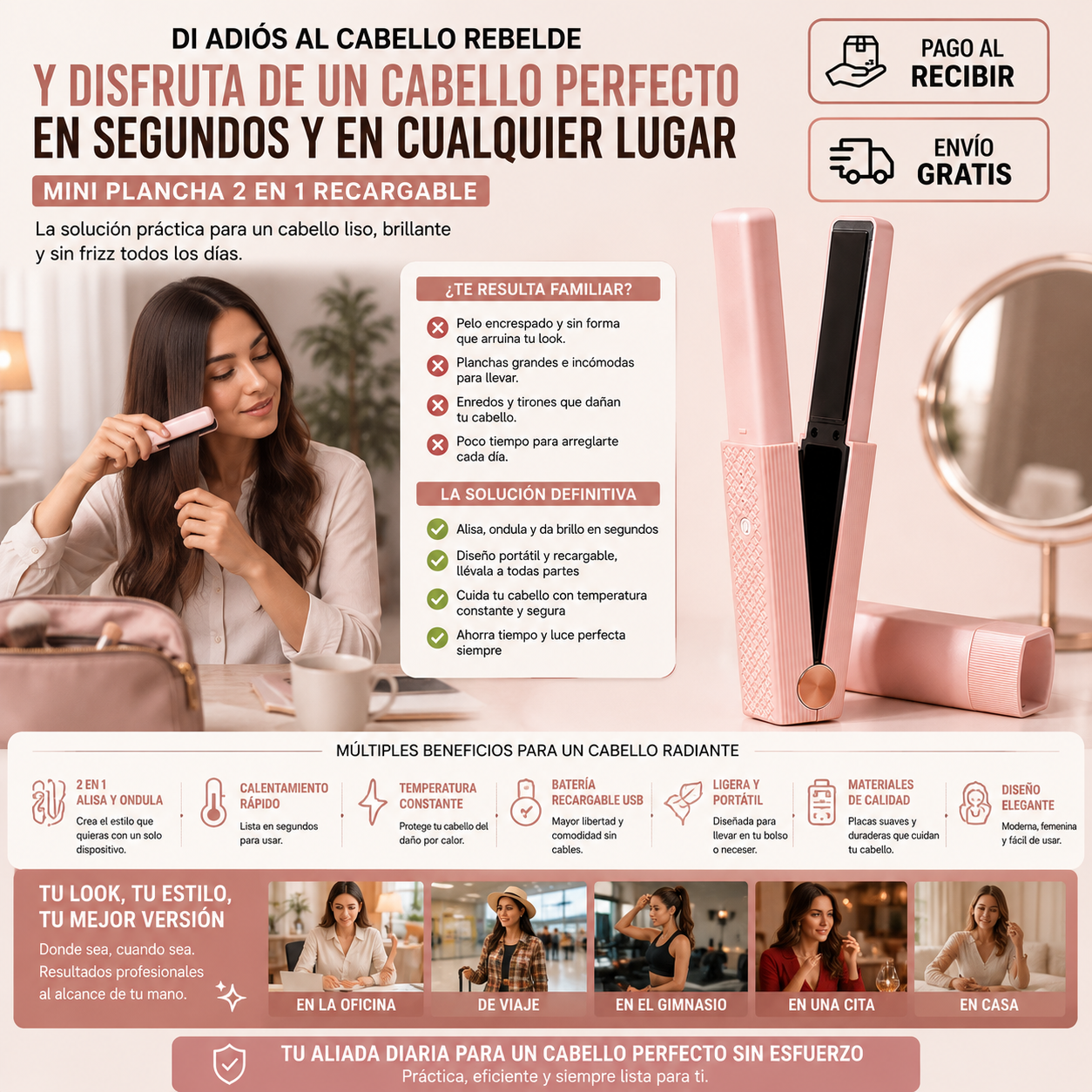 Mini Plancha 2 en 1 Recargable | Cabello Perfecto en Cualquier Lugar
