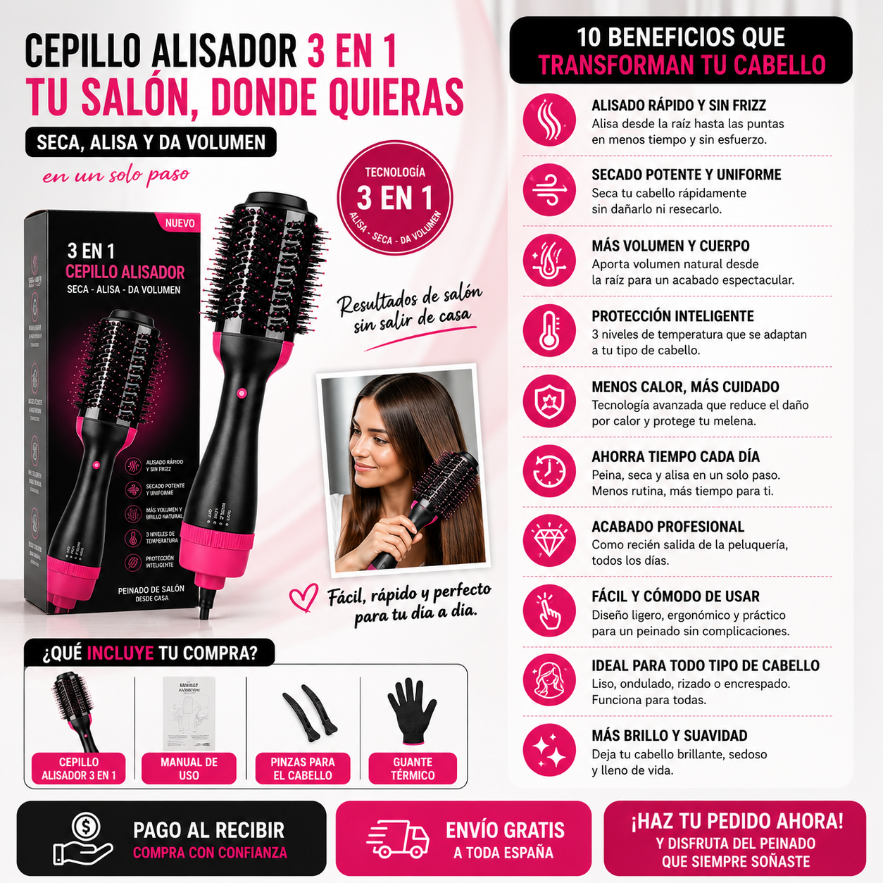 Cepillo Alisador 3 en 1 | Peinado de Salón Desde Casa